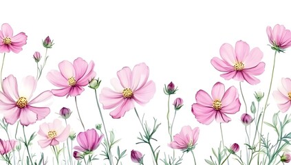 Fototapeta premium Beautiful pink cosmos flowers with a watercolor painting effect on a white background,