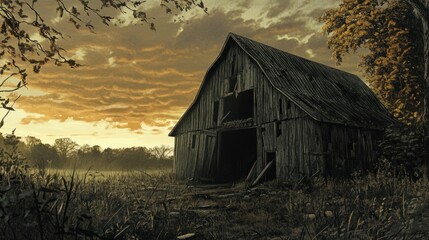 Obraz premium A Weathered Barn Against a Dramatic Sunset Sky