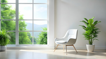 Fototapeta premium White chair in a modern room with green plant and glass window , interior design, minimalistic, clean