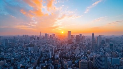 Fototapeta premium An aerial view of the Tokyo skyline at sunset.