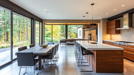 Open plan kitchen and dining area with modern design, large windows, and wood accents.