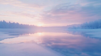 A serene snowy landscape at dawn, with soft pastel skies reflecting on a frozen lake.