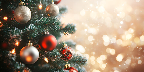 Festive Christmas Tree with Red and Silver Ornaments