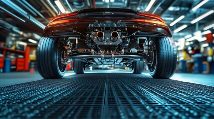 Fototapeta premium Undercarriage view of a car showcasing the detailed automotive chassis and suspension system, with metallic surfaces and dramatic lighting emphasizing industrial design.