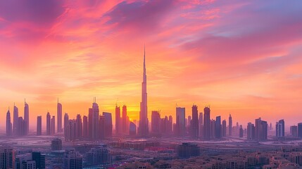 Fototapeta premium An aerial view of the Dubai skyline at sunset.
