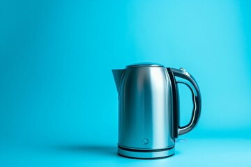 Modern, stainless steel electric kettle standing on a vibrant blue background