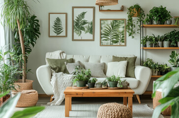 A cozy living room with plants, a wooden coffee table, and a white sofa. The wall is adorned with framed botanical prints of leaves in green tones, adding life to the space.