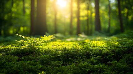Vibrant forest floor with bright sunlight streaming through trees, lush moss, and delicate ferns, creating a dreamy woodland atmosphere with ethereal natural light.