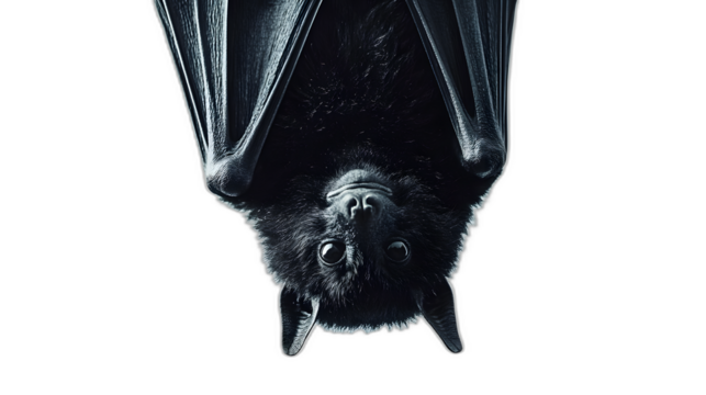 A single black bat hanging upside down isolated on a plain white background