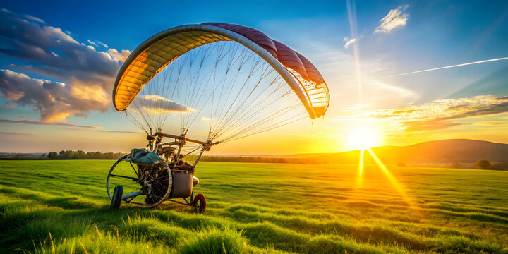 Paragliding machine on green grass under the bright sun, preparing paralet with a gasoline engine for flights