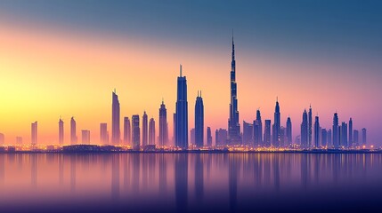Naklejka premium A panoramic view of the Dubai skyline at sunset, showing the iconic skyscrapers and busy highways.