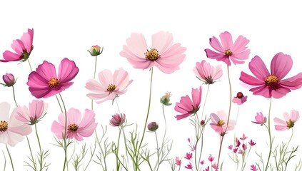 Beautiful pink cosmos flowers with a watercolor painting effect on a white background,
