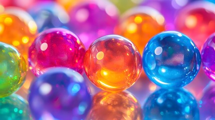 Vibrant multicolored spheres resembling glossy marbles, reflecting saturated colors and shiny textures in a playful abstract composition with a candy-like appearance.