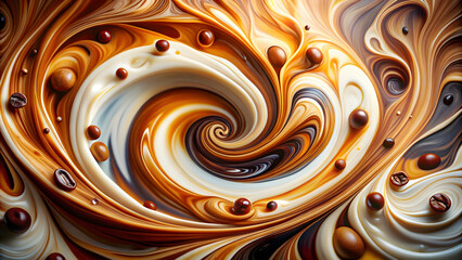 Swirling and dynamic abstract art created by blending milk and coffee, producing marbled textures, coffee, milk, abstract