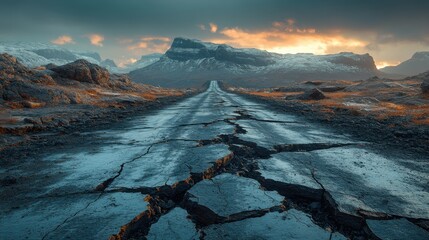 A cracked, desolate road stretches towards dark, misty mountains under a dramatic, fiery sunset, evoking a sense of adventure and mystery.
