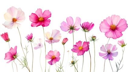 Beautiful pink cosmos flowers with a watercolor painting effect on a white background,