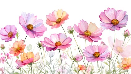 Fototapeta premium Beautiful pink cosmos flowers with a watercolor painting effect on a white background,