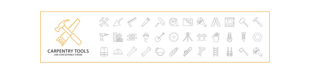 Carpentry Tools Icon Set. Carpentry Tools Line Icons. Containing hammer, saw, circular saw, hacksaw, etc. Vector Illustration. Editable Stroke.