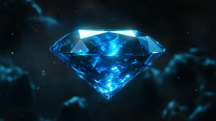 stunning blue diamond sparkles against dark gradient background, radiating brilliance and elegance. Its facets reflect light beautifully, creating mesmerizing visual effect