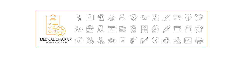 Medical Check Up Icon Set. Medical Line Icons. Containing medicine, treatment, health, medicals, clinic, doctor, hospital, laboratory, etc. Vector Illustration. Editable Stroke.