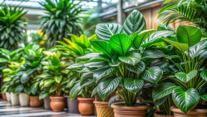 Fototapeta premium Exotic big leaf green indoor plants with unique foliage closeups for home decoration, exotic, big leaf, green, interior, home