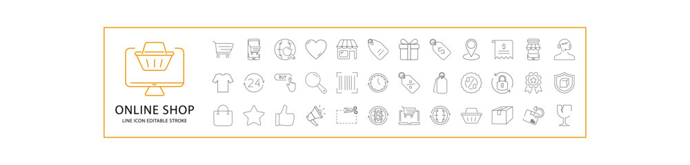 Online Shop And E-Commerce Icon Set. Line Icons. Containing buy, shopping, market, shipping, store, payment, sale, e-business, delivery, bag, discount, retail, cart, etc. Vector Illustration.