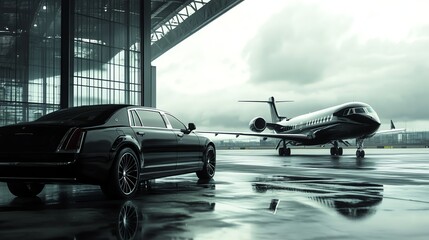A black limousine is parked in front of a private jet at an airport.