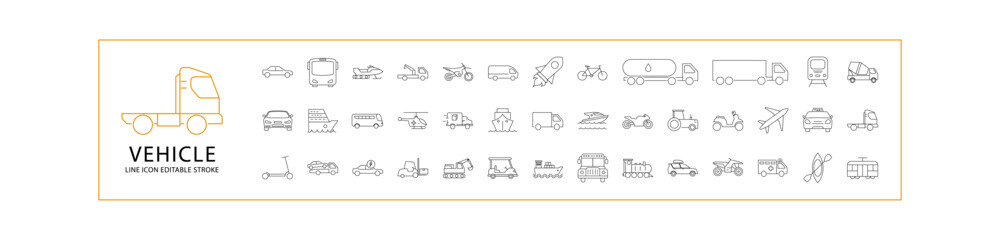 Vehicle Icon Set. Vehicle Line Icons. Containing  transport, car, bus, truck, van, taxi, collection, bike, scooter, outline, forklift, etc. Vector Illustration. Editable Stroke.