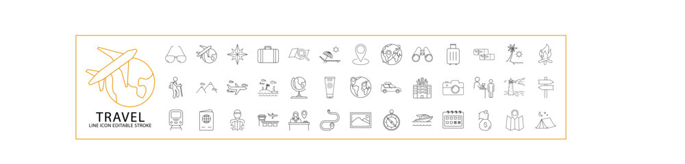 Travel Icon Set. Travel Line Icons. Containing  holiday, summer, vacation, hotel, trip, passport, traveler, tourism, tourist, suitcase, etc. Vector Illustration. Editable Stroke.