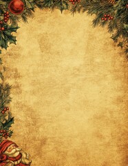 Golden vintage background with festive Christmas garland and ornaments
