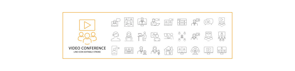 Video Conference Icon Set. Video Conference Line Icons. Containing virtual, conversation, meeting, zoom, digital, communication, seminar, etc. Vector Illustration. Editable Stroke.