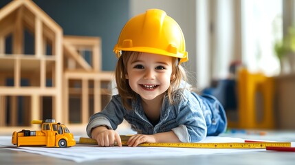 Fototapeta premium A young girl wearing a yellow hard hat smiles while playing with toy construction tools.