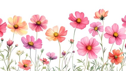 Fototapeta premium Beautiful pink cosmos flowers with a watercolor painting effect on a white background,
