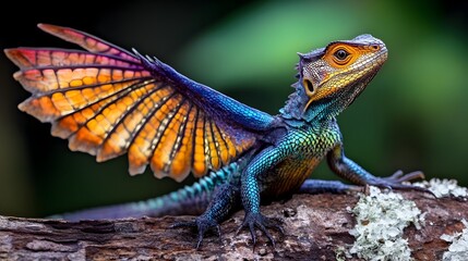 Colorful Chameleon Reptile Resting on Wooden Branch in Lush Natural Environment