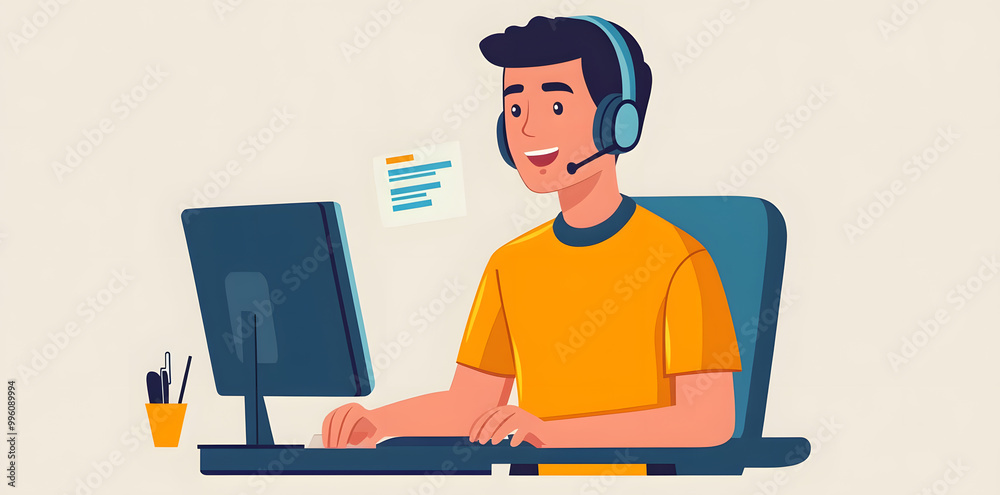 Sticker Young man working in customer service wearing a headset flat illustration isolated on background