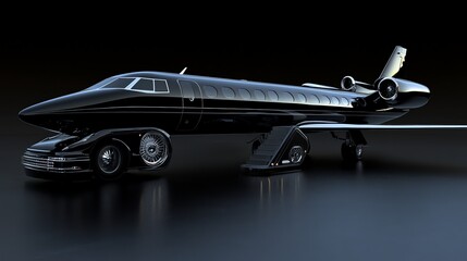 A black private jet with a futuristic design.