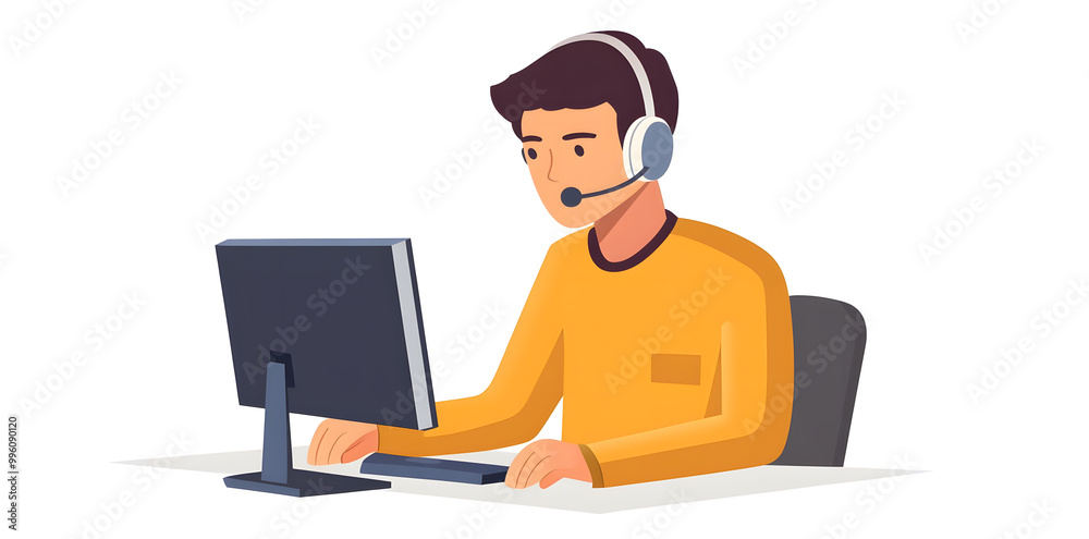 Wall mural Young man working in customer service wearing a headset flat illustration isolated on background	