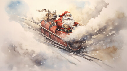 Watercolor of Santa Claus riding his sleigh on gray background