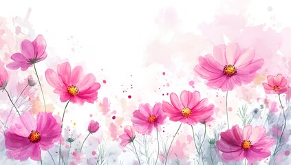 Beautiful pink cosmos flowers with a watercolor painting effect on a white background,