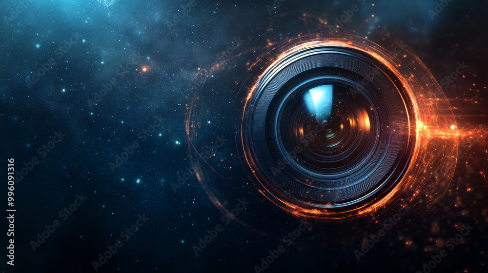 Canvas Prints camera lens against dark background, illuminated by glowing particles, creates captivating visual ef