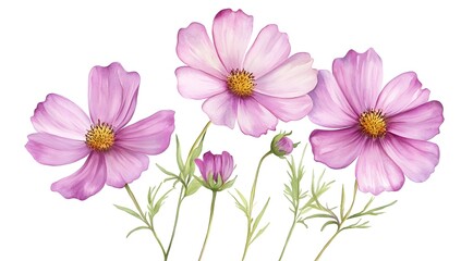Beautiful pink cosmos flowers with a watercolor painting effect on a white background,