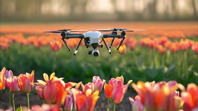 A drone flying over a field of colorful tulips during golden hour.