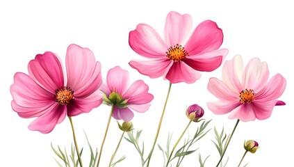 Beautiful pink cosmos flowers with a watercolor painting effect on a white background,
