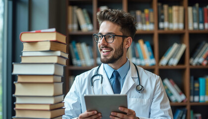 medical college student with stack of books or medicine scholarship education. Woman, doctor or healthcare university notebook and laptop technology or learning anxiety