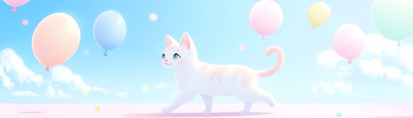 Naklejka premium 6 Kawaiistyle cat walking with a gentle smile, pastel balloons floating in the sky, soft pastel cat, kawaii joy