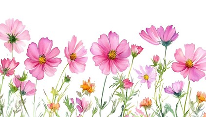Fototapeta premium Beautiful pink cosmos flowers with a watercolor painting effect on a white background,