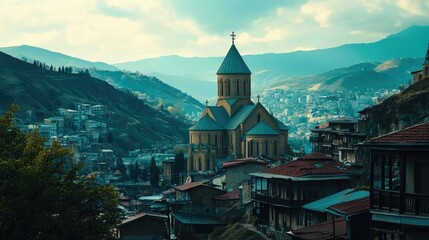 Fototapeta premium Tbilisi Holy Trinity Cathedral, towering over the city, with the mountains in the background.