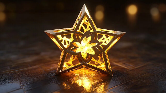 A glowing, intricate golden star lantern with a warm light.