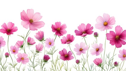 Fototapeta premium Beautiful pink cosmos flowers with a watercolor painting effect on a white background,