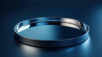 A shiny, circular metal tray on a blue background.